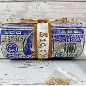 Glitter Money Clutch Classic Dollar Style Bling Bag With Gold Chain